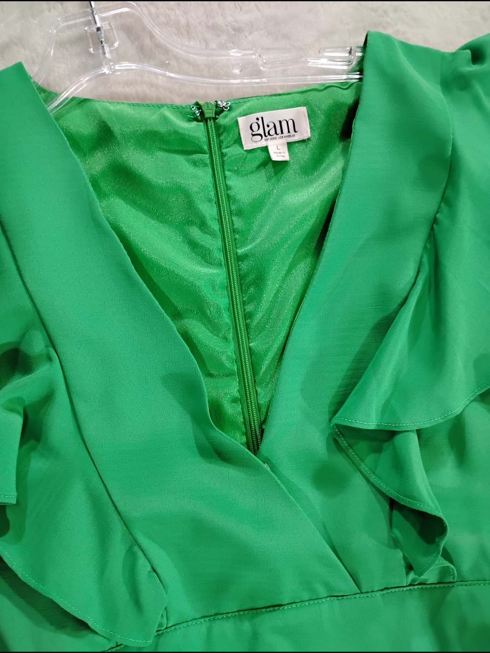 GLAN Est2000 Los Angeles Green Ruffle Layer Wrap Dress Women's Size L New